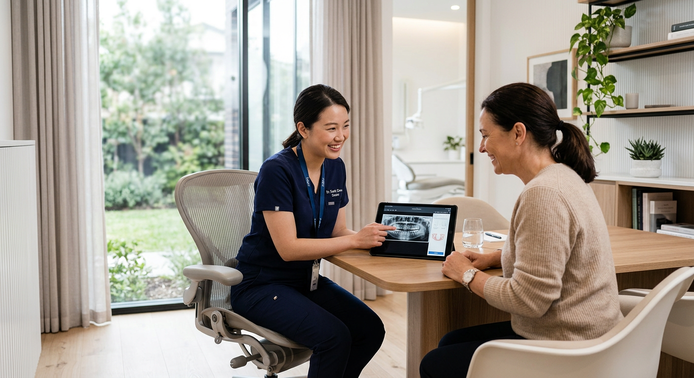 Doktor ve hastanın gülüş yolculuğunu birlikte planladığı sıcak klinik sahnesi